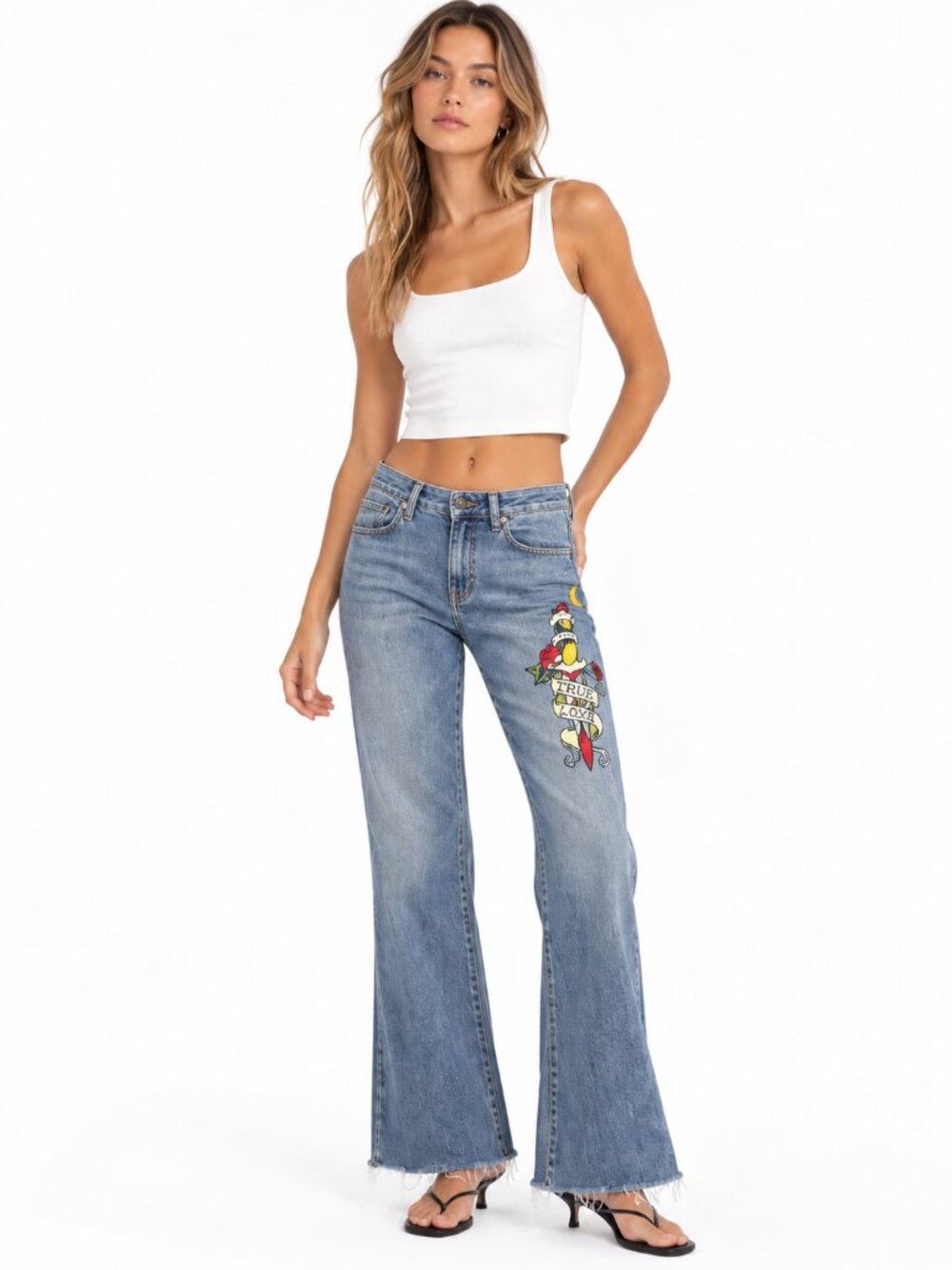 Ed Hardy Womens True Love Jeans 28 Flare Blue Embroidered Tattoo Y2K Low Rise